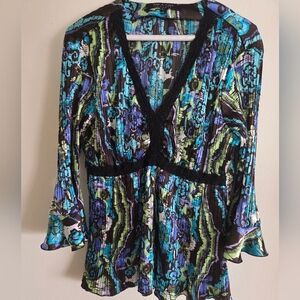 Womens Multicolor Pattern V-Neck Blouse Flared Sleeves Size Large